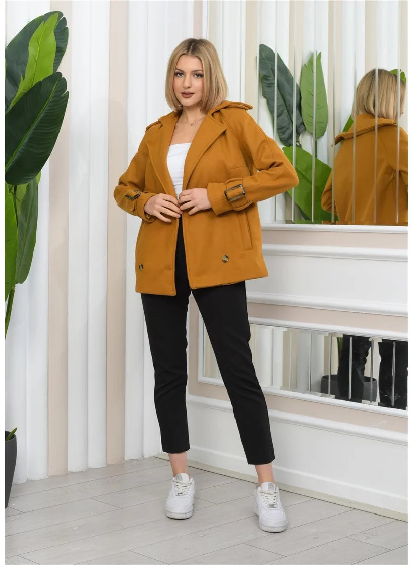 Nuseel New Season Double Breasted Collar Lining Detail Short Cashmere Coat