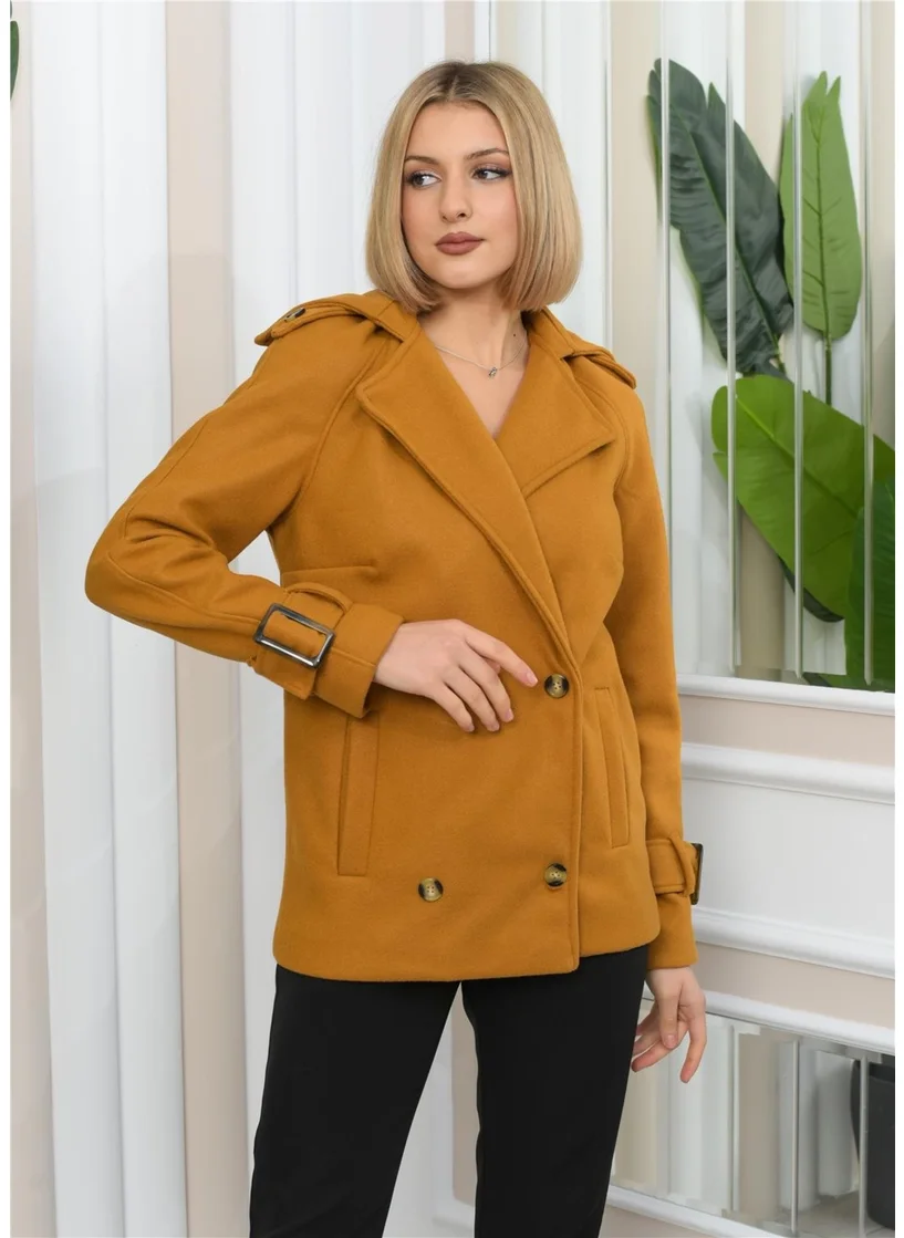Nuseel New Season Double Breasted Collar Lining Detail Short Cashmere Coat