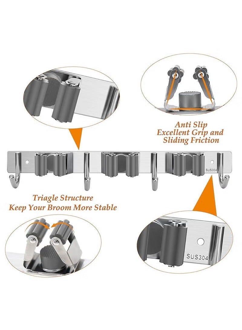 Beauenty Broom and Mop Holder, Stainless Steel Broom Organizer, Wall Mounted 3 Racks 4 Hooks, Heavy Duty Storage Organizer Hanger for Bathroom Kitchen Closet Garden - Image 4