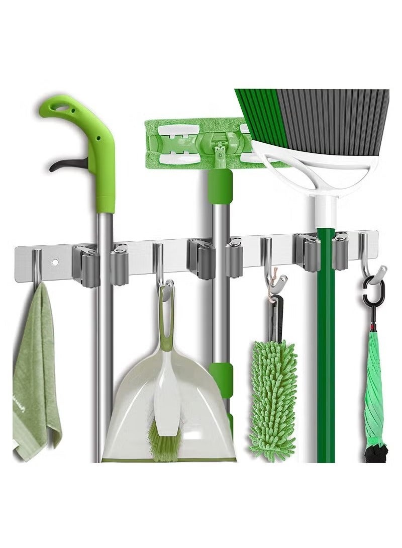 Beauenty Broom and Mop Holder, Stainless Steel Broom Organizer, Wall Mounted 3 Racks 4 Hooks, Heavy Duty Storage Organizer Hanger for Bathroom Kitchen Closet Garden - Image 1