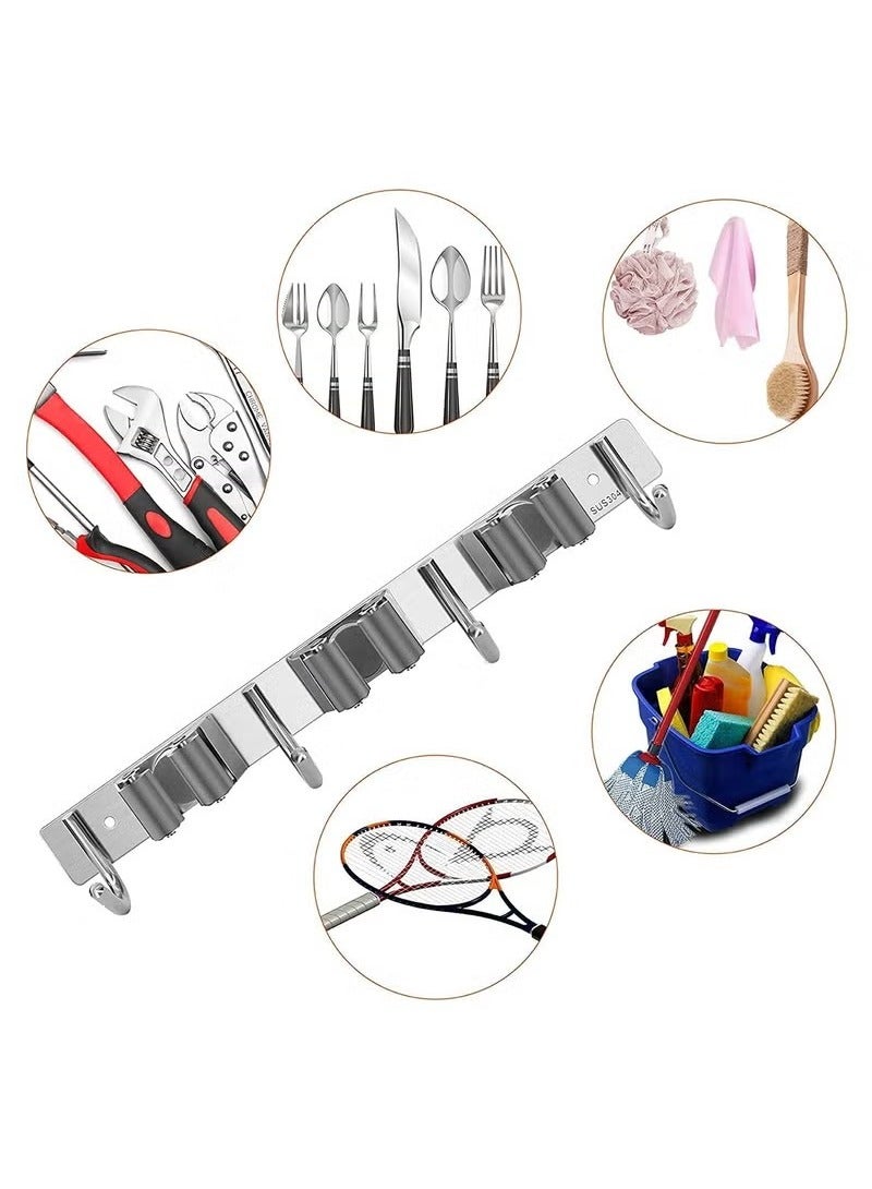 Beauenty Broom and Mop Holder, Stainless Steel Broom Organizer, Wall Mounted 3 Racks 4 Hooks, Heavy Duty Storage Organizer Hanger for Bathroom Kitchen Closet Garden - Image 2