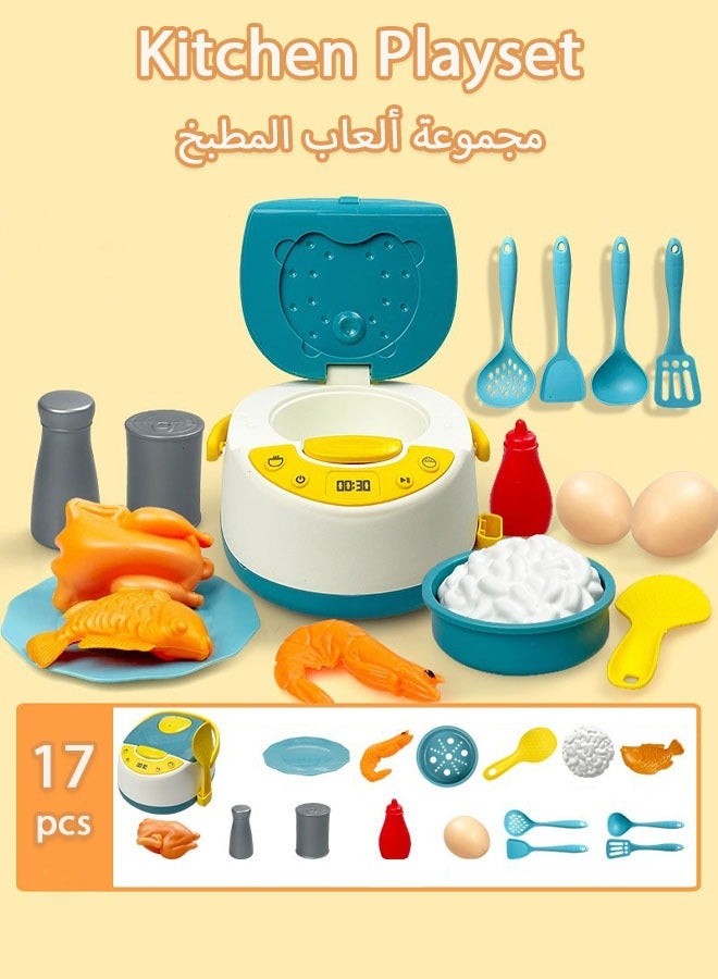 17pcs Kids Kitchen Pretend Play Toys, Mini Electronic Rice Cooker Toys, Cooking Toys with Music Steam Effect, Cookware Kits Kitchen Playset Food Accessories for Toddlers Boys Girls, Blue - Image 1