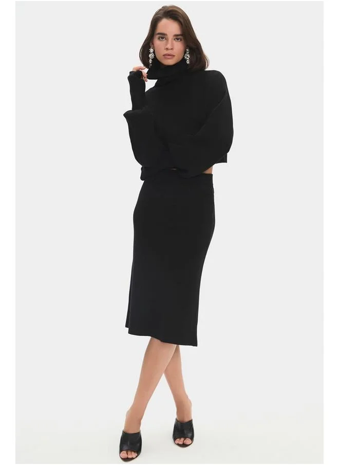 جون June Women Turtleneck Sweater Midi Skirted Top-Bottom Set Black