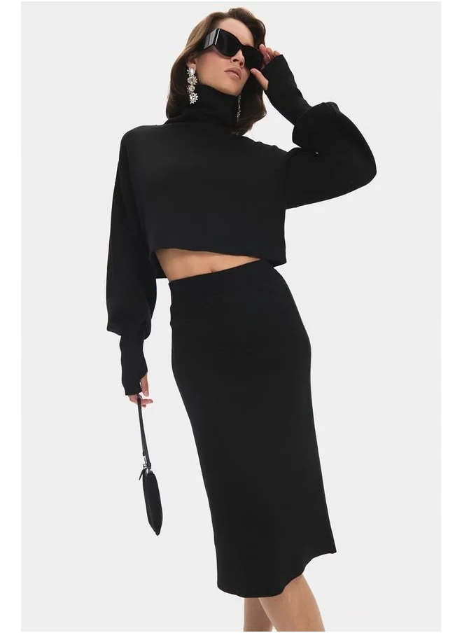 JUNE June Women Turtleneck Sweater Midi Skirted Top-Bottom Set Black