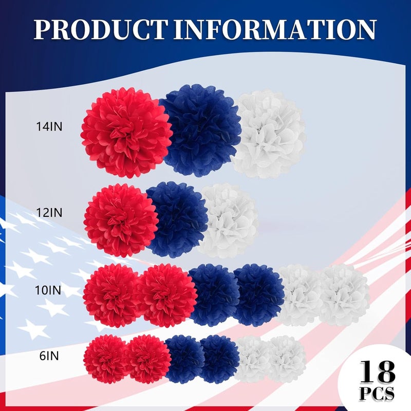 Zankubom 18 PCS Tissue Paper Pom Poms, Tissue Pom Poms Flowers, Sizes of 6", 10", 12", 14" Hanging Paper Flower Ball for Independence Day, Fourth of July, Baby Shower Party Decor (Red Blue White) - Image 2