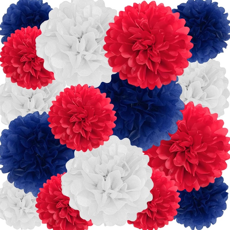 Zankubom 18 PCS Tissue Paper Pom Poms, Tissue Pom Poms Flowers, Sizes of 6", 10", 12", 14" Hanging Paper Flower Ball for Independence Day, Fourth of July, Baby Shower Party Decor (Red Blue White) - Image 1