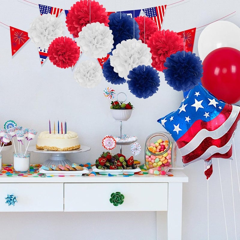 Zankubom 18 PCS Tissue Paper Pom Poms, Tissue Pom Poms Flowers, Sizes of 6", 10", 12", 14" Hanging Paper Flower Ball for Independence Day, Fourth of July, Baby Shower Party Decor (Red Blue White) - Image 3
