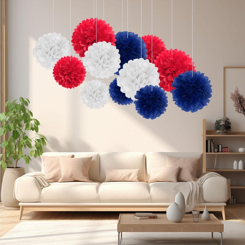 Zankubom 18 PCS Tissue Paper Pom Poms, Tissue Pom Poms Flowers, Sizes of 6", 10", 12", 14" Hanging Paper Flower Ball for Independence Day, Fourth of July, Baby Shower Party Decor (Red Blue White) - Image 5