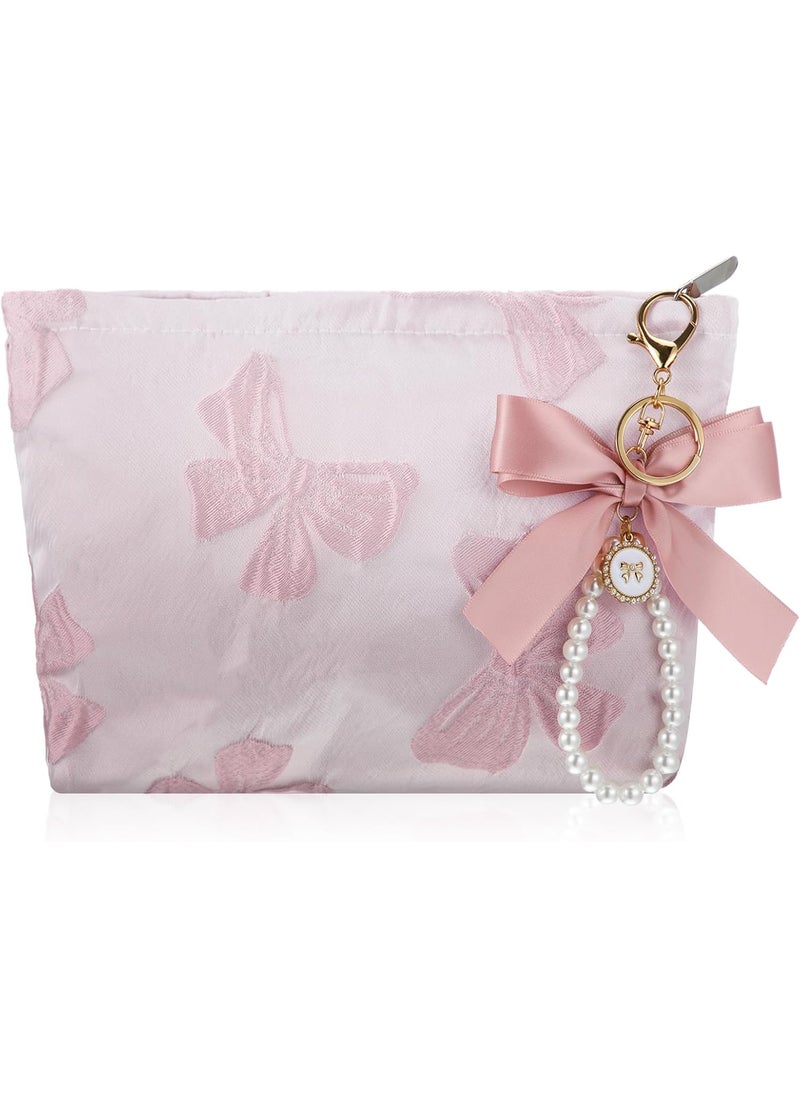 Reginary Reginary 2 Pcs Coquette Pink Makeup Bag Pearl Bow Wristlet Keychain Set Canvas Preppy Cosmetic Bag Aesthetic Cute Zipper Pouch Travel Toiletry Bag Coquette Gift Accessories for WomenBow  - Image 1