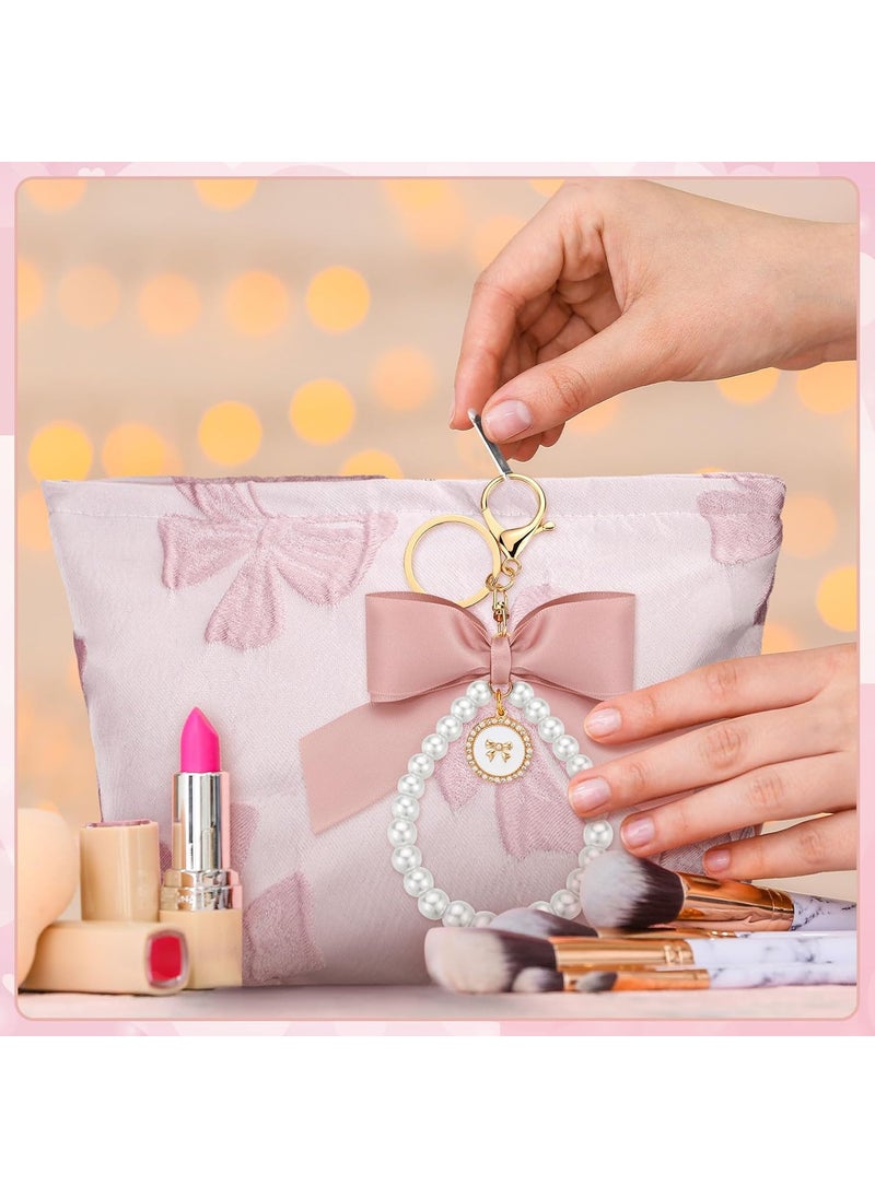 Reginary Reginary 2 Pcs Coquette Pink Makeup Bag Pearl Bow Wristlet Keychain Set Canvas Preppy Cosmetic Bag Aesthetic Cute Zipper Pouch Travel Toiletry Bag Coquette Gift Accessories for WomenBow  - Image 5