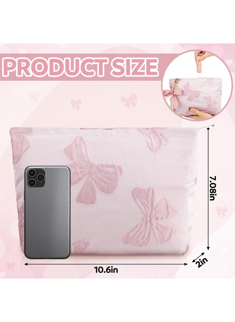 Reginary Reginary 2 Pcs Coquette Pink Makeup Bag Pearl Bow Wristlet Keychain Set Canvas Preppy Cosmetic Bag Aesthetic Cute Zipper Pouch Travel Toiletry Bag Coquette Gift Accessories for WomenBow  - Image 2