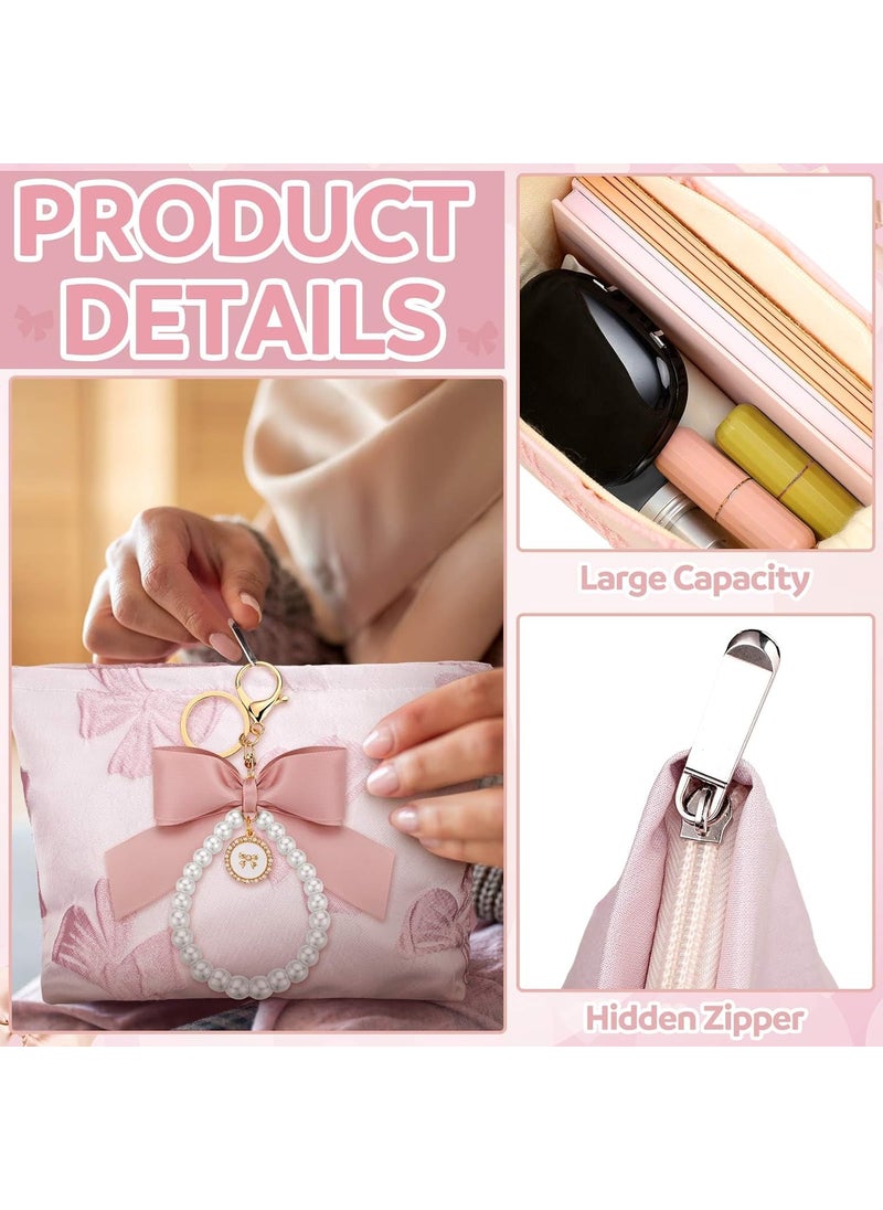 Reginary Reginary 2 Pcs Coquette Pink Makeup Bag Pearl Bow Wristlet Keychain Set Canvas Preppy Cosmetic Bag Aesthetic Cute Zipper Pouch Travel Toiletry Bag Coquette Gift Accessories for WomenBow  - Image 3