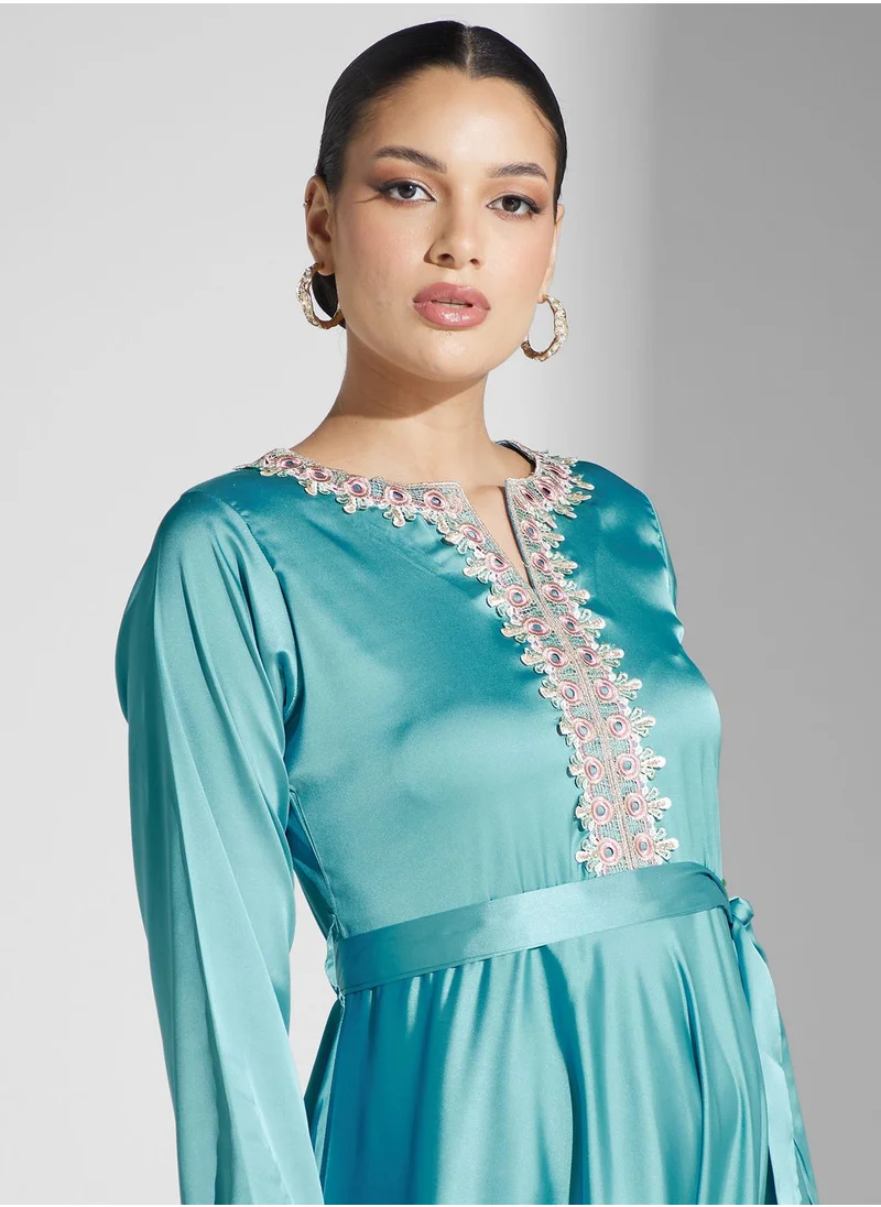 hayas closet Lace Detail Belted Dress