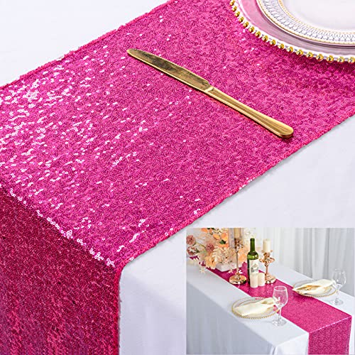 ShiDianYi Hot Pink Sequin Table Runner - Fuchsia, 12'x72' Fall & Christmas Table Overlay for Rustic Banquet Tables & Party Dining - Image 1