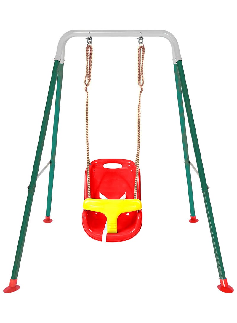 Funz Toddler Swing Set with Frame Indoor & Outdoor Baby Swing with Foldable Metal Stand Kids Swing Set for Backyard, Easy to Assemble & Store, Red - Image 1