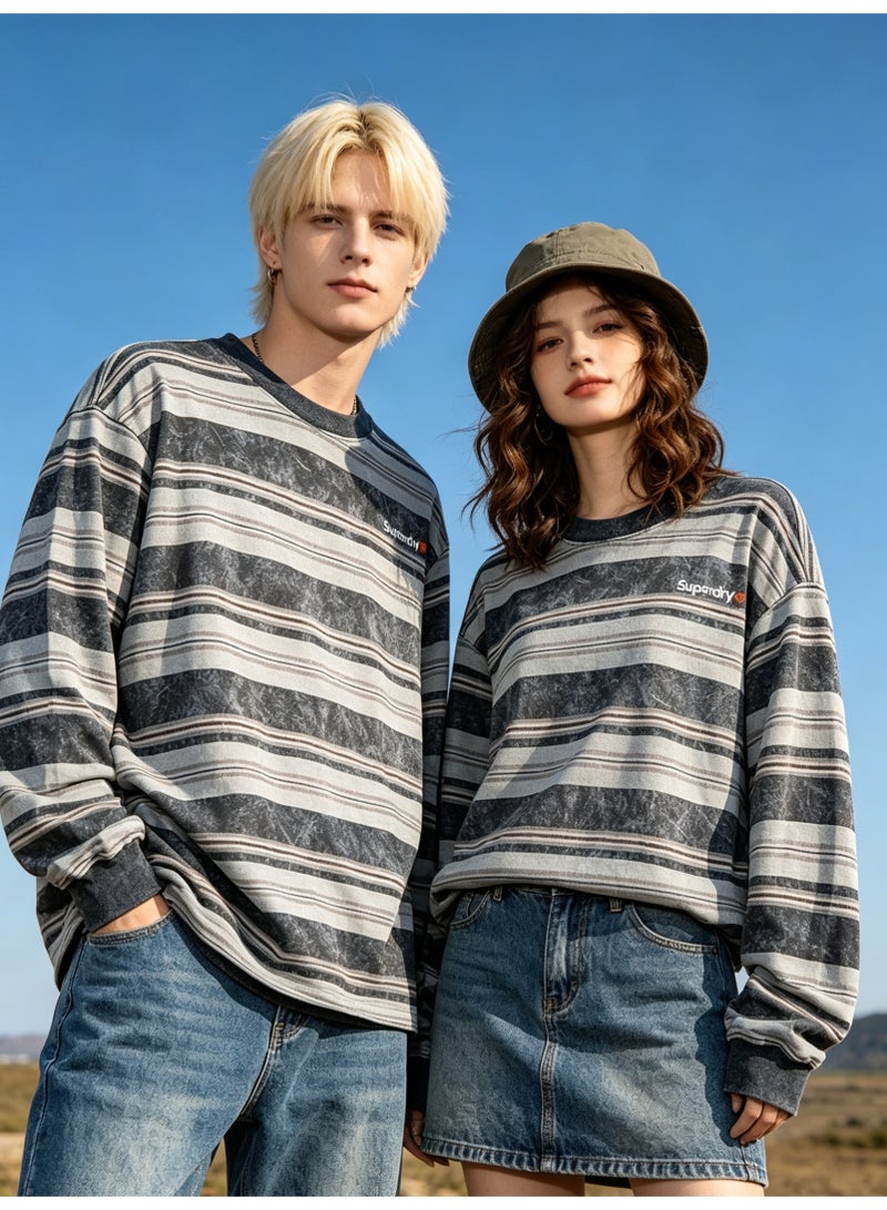 سوبر دراي Superdry Men and women with the same old striped round neck contrast striped loose sweater - Image 1