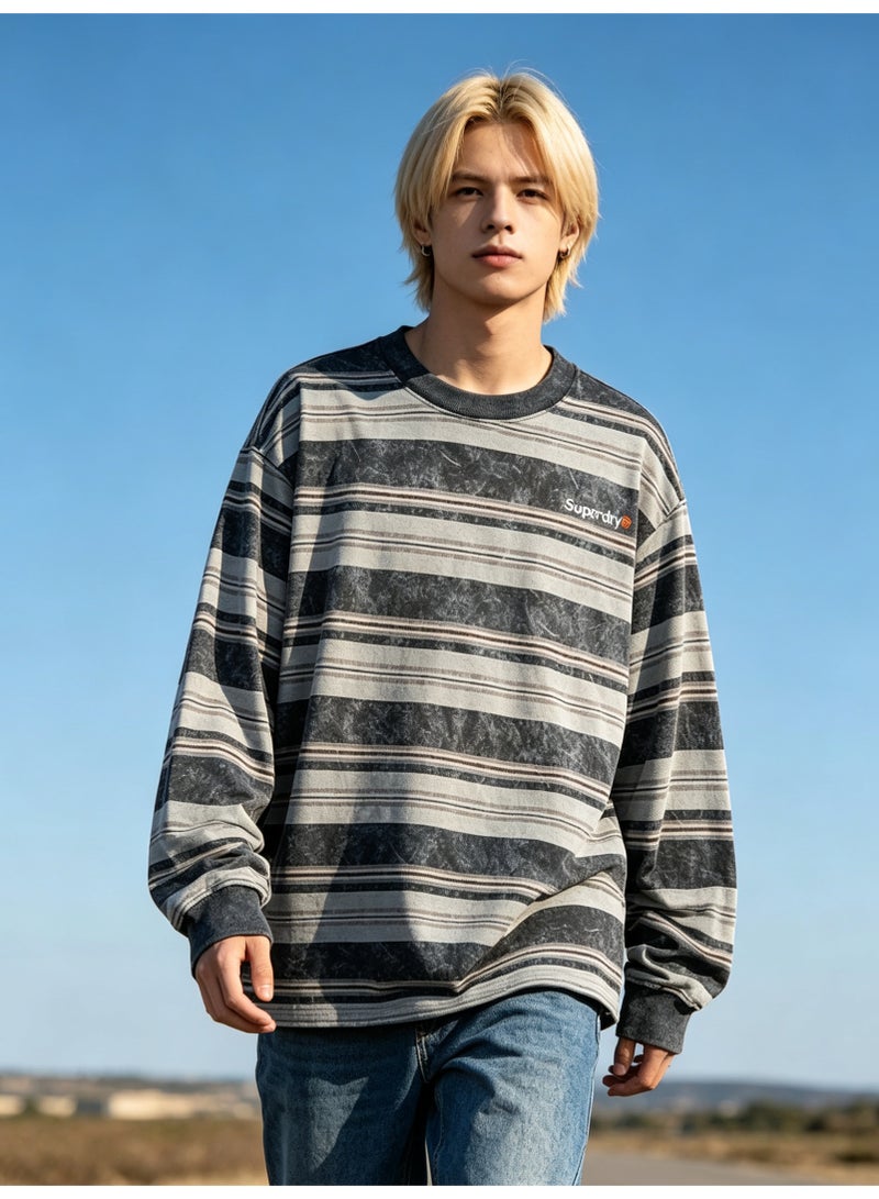 سوبر دراي Superdry Men and women with the same old striped round neck contrast striped loose sweater - Image 4