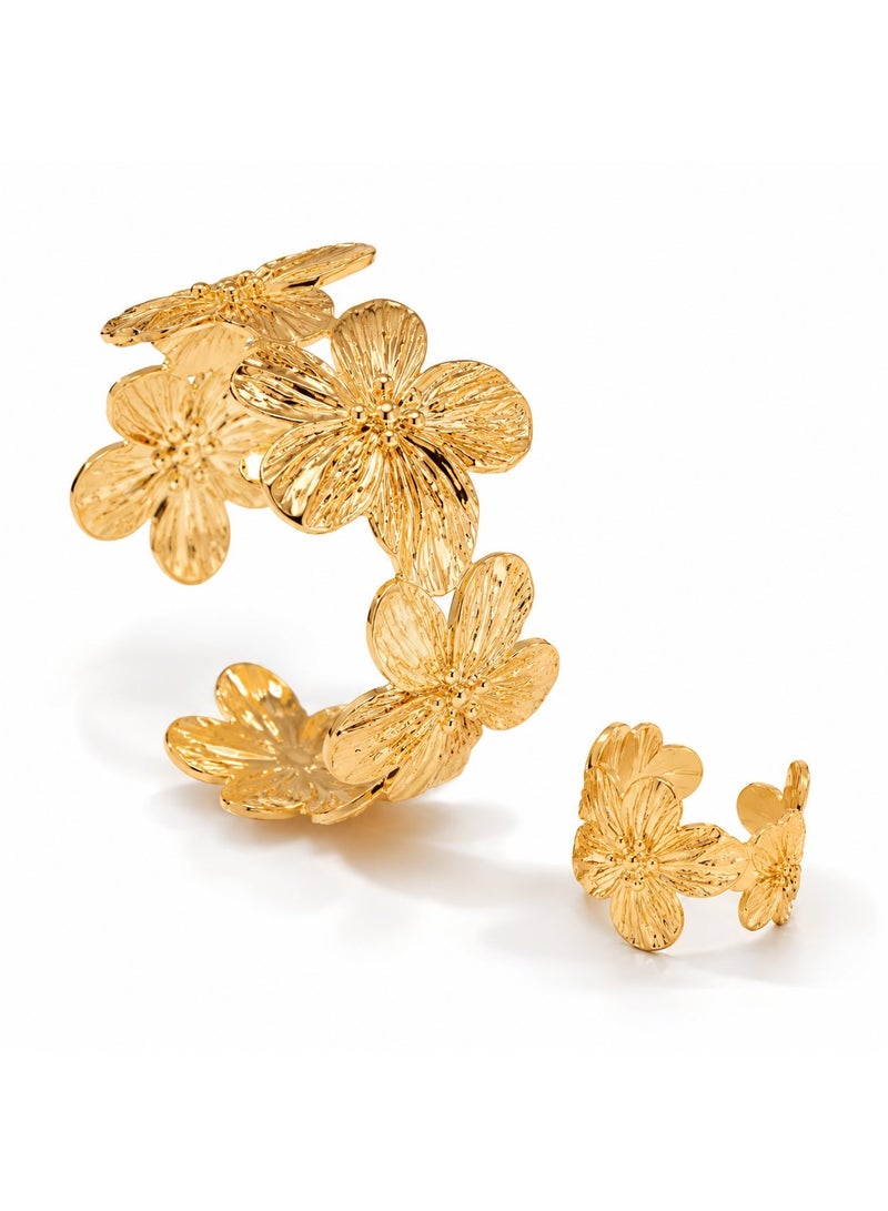 veya Elegant Women’s 2-Piece Jewelry Set Inspired by Blooming Flowers – Gold-Tone Ring and Bracelet for a Refined Modern Look - Image 1