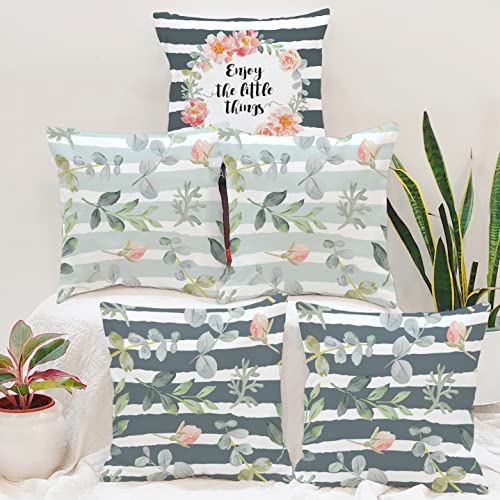 BRICK HOME Set of 5 Polycotton Printed Cushion Covers 16x16 Inches | Botanical Floral & Quote Design | Green, Blush Pink & Grey Stripes | Soft Decorative Pillow Covers for Sofa, Couch & Living Room - Image 1