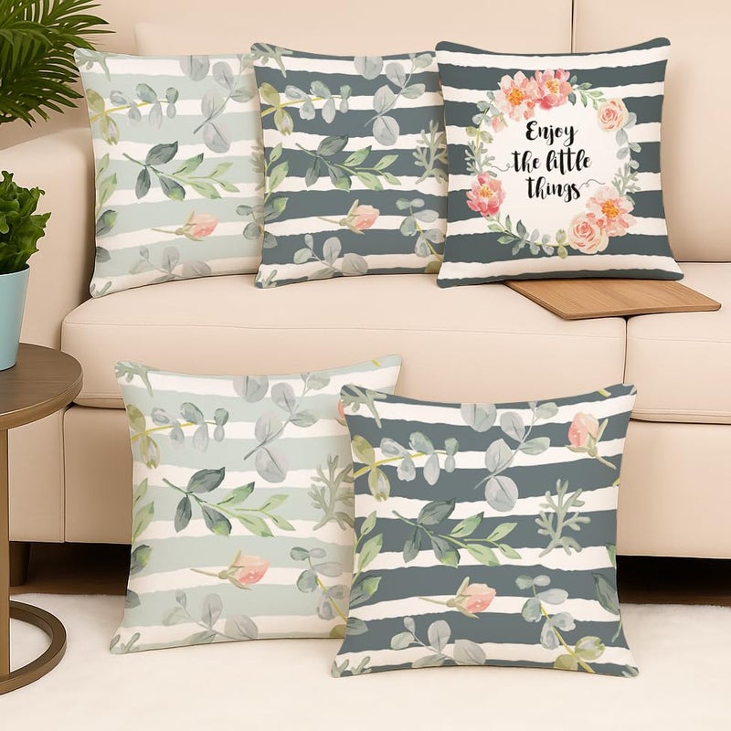 BRICK HOME Set of 5 Polycotton Printed Cushion Covers 16x16 Inches | Botanical Floral & Quote Design | Green, Blush Pink & Grey Stripes | Soft Decorative Pillow Covers for Sofa, Couch & Living Room - Image 2