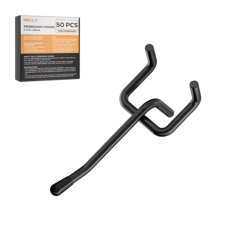 INCLY 50 Pack Black Pegboard Hooks, 2 Inch Metal Peg Board Hooks Accessories, Peg Board Tool Hangers Fit for 1/8â€œ and 1/4" Pegboard Hanging Tools for Garage, Craft Room, Kitchen, Store - Image 1