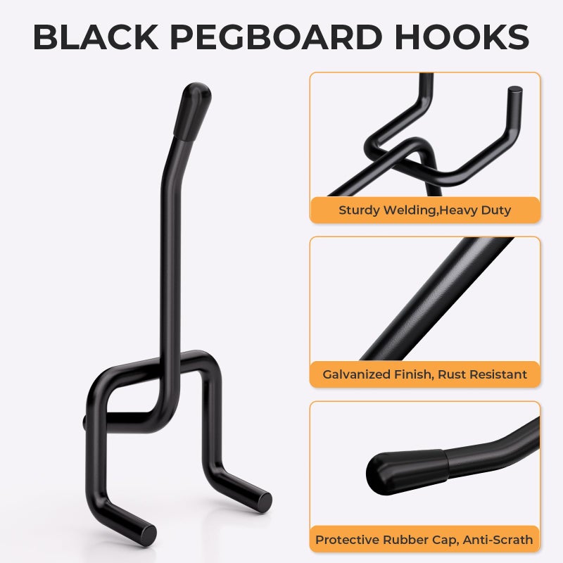 INCLY 50 Pack Black Pegboard Hooks, 2 Inch Metal Peg Board Hooks Accessories, Peg Board Tool Hangers Fit for 1/8â€œ and 1/4" Pegboard Hanging Tools for Garage, Craft Room, Kitchen, Store - Image 4