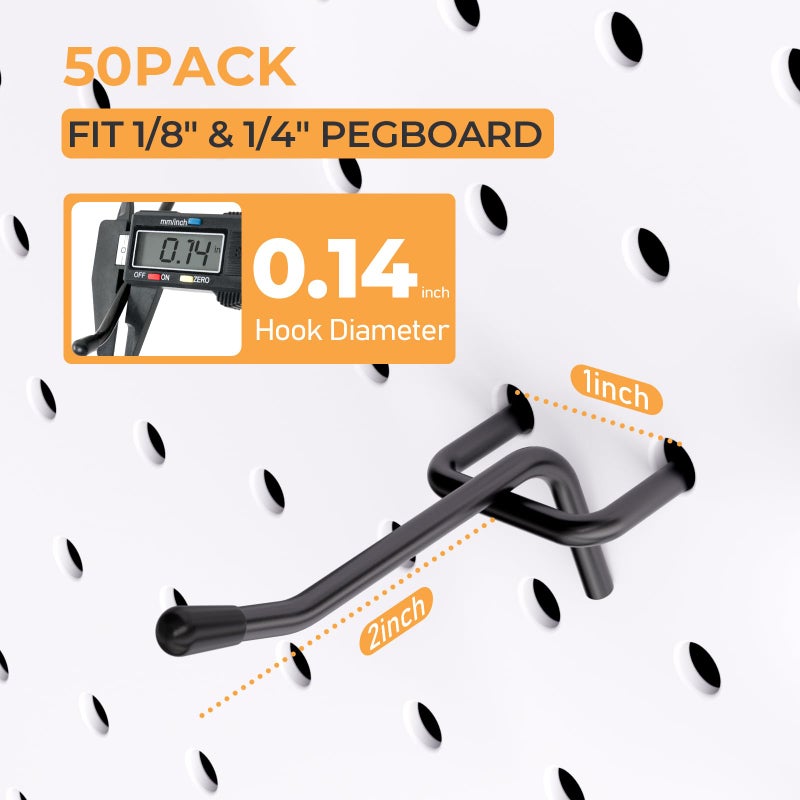 INCLY 50 Pack Black Pegboard Hooks, 2 Inch Metal Peg Board Hooks Accessories, Peg Board Tool Hangers Fit for 1/8â€œ and 1/4" Pegboard Hanging Tools for Garage, Craft Room, Kitchen, Store - Image 2