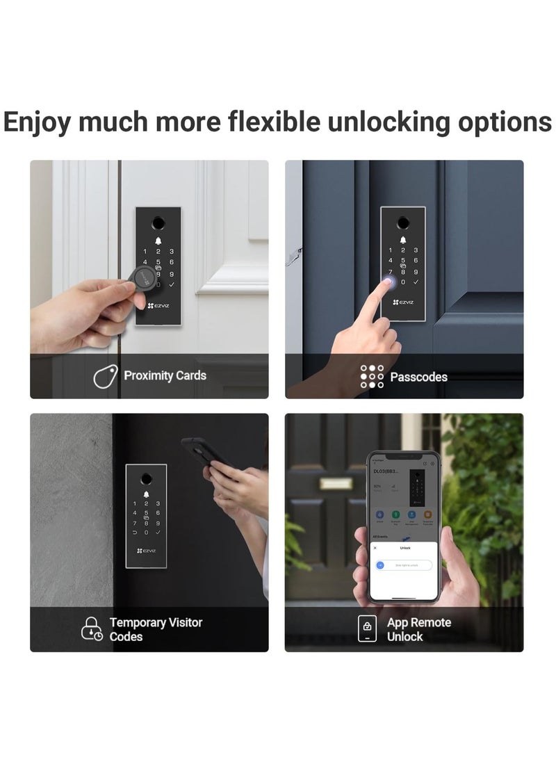 إيزفيز قفل الباب الذكي EZVIZ DL03 Pro - يدعم البلوتوث والواي فاي، بصمة الإصبع، رمز المرور، والبطاقة، جهاز تحكم عن بعد، تنبيهات ضد العبث، سهل التركيب  - Image 2