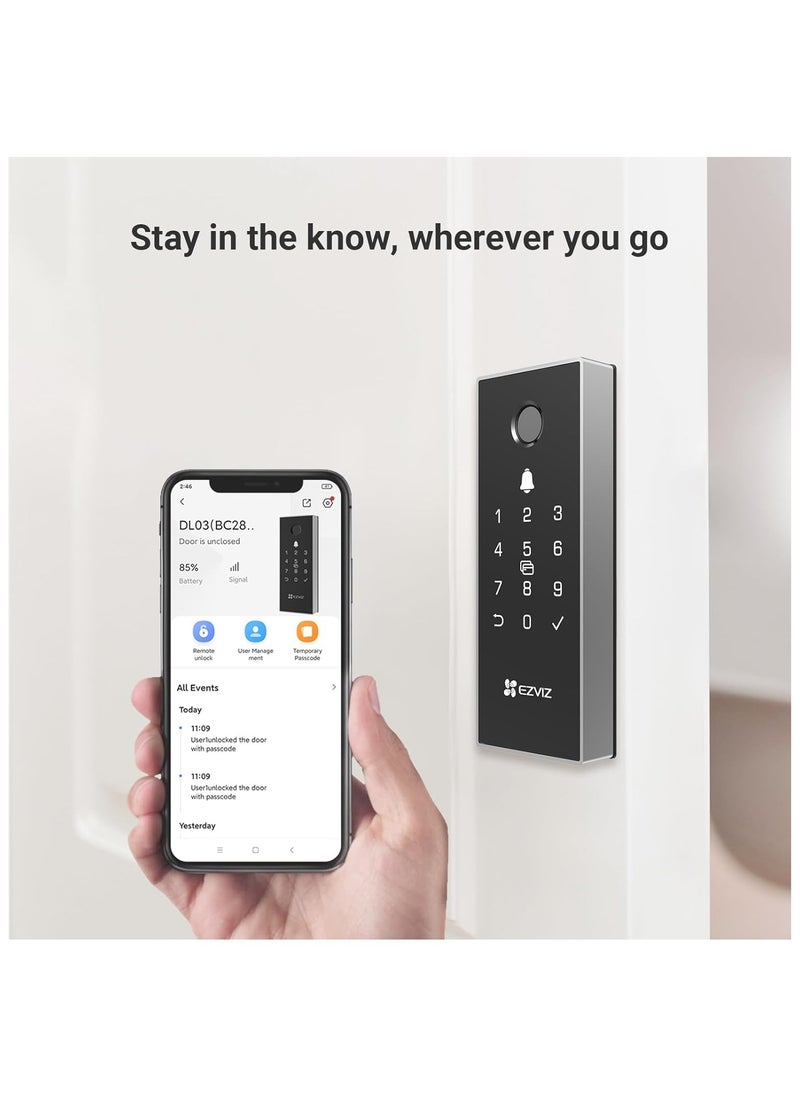إيزفيز قفل الباب الذكي EZVIZ DL03 Pro - يدعم البلوتوث والواي فاي، بصمة الإصبع، رمز المرور، والبطاقة، جهاز تحكم عن بعد، تنبيهات ضد العبث، سهل التركيب  - Image 5