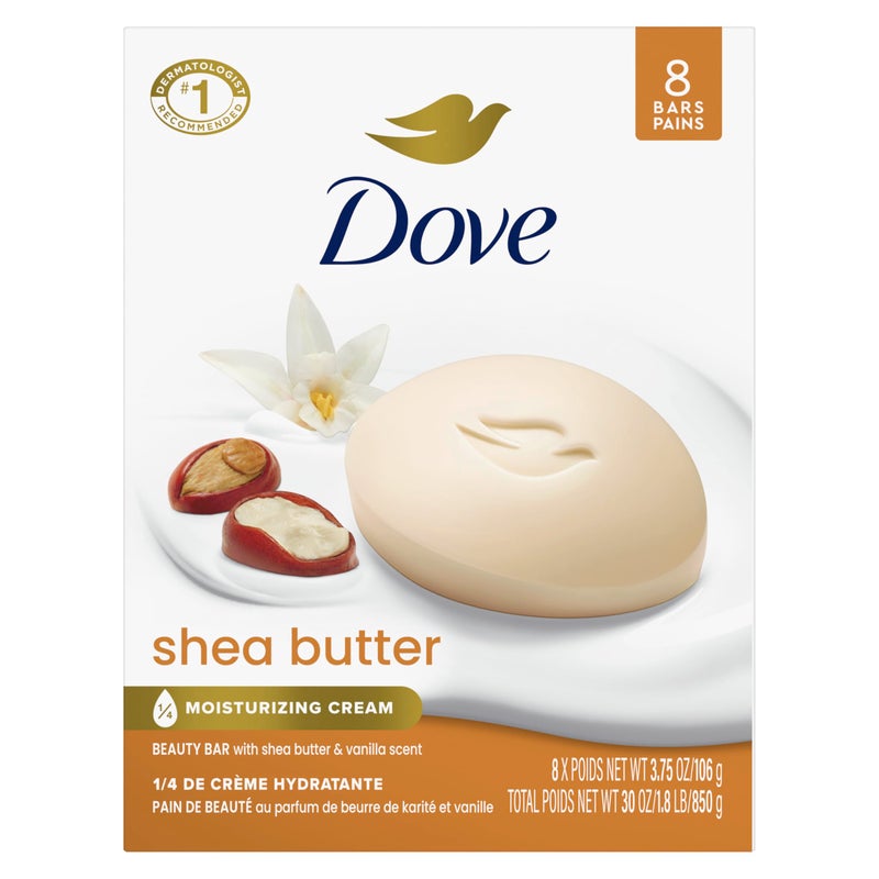 Dove Beauty Bar Soap Shea Butter, 8 Bars for Nourished, Radiant Skin, Enriches Skin 3.75 oz - Image 1