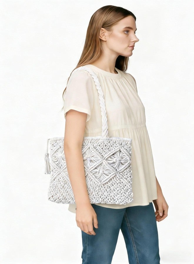 Eiyye Cotton Rope Tote Bag for Women Handmade Woven Shoulder Bag Casual Boho Purse for Travel Shopping - Image 2