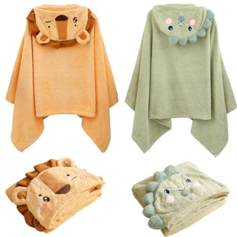 DHB Baby Hooded Towel, 2 Pcs Baby Bath Blanket Set, Superfine Fiber Baby Towel, Toddler Bathrobe, Infant Towels, Large Hooded Towel for Newborn Babies Boys and Girls Dinosaur+Lion - Image 1