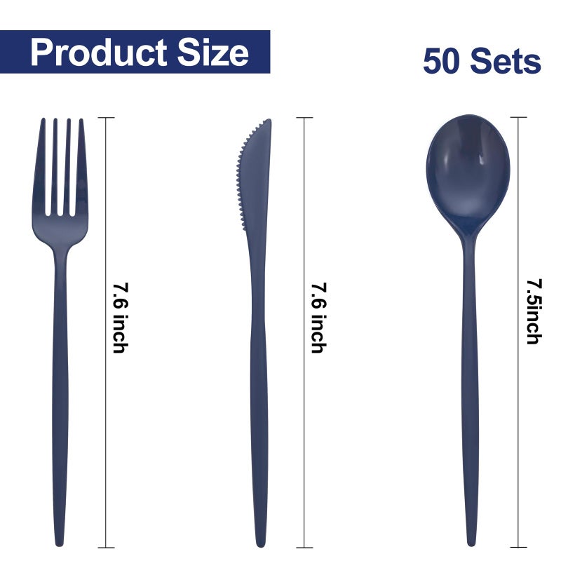 PULOTE 150PCS Blue Plastic Silverware Set - Plastic Cutlery Disposable - Heavy Duty Blue Plastic Utensils Include 50 Forks  50 Knives 50 Spoons for Party&Wedding - Image 1