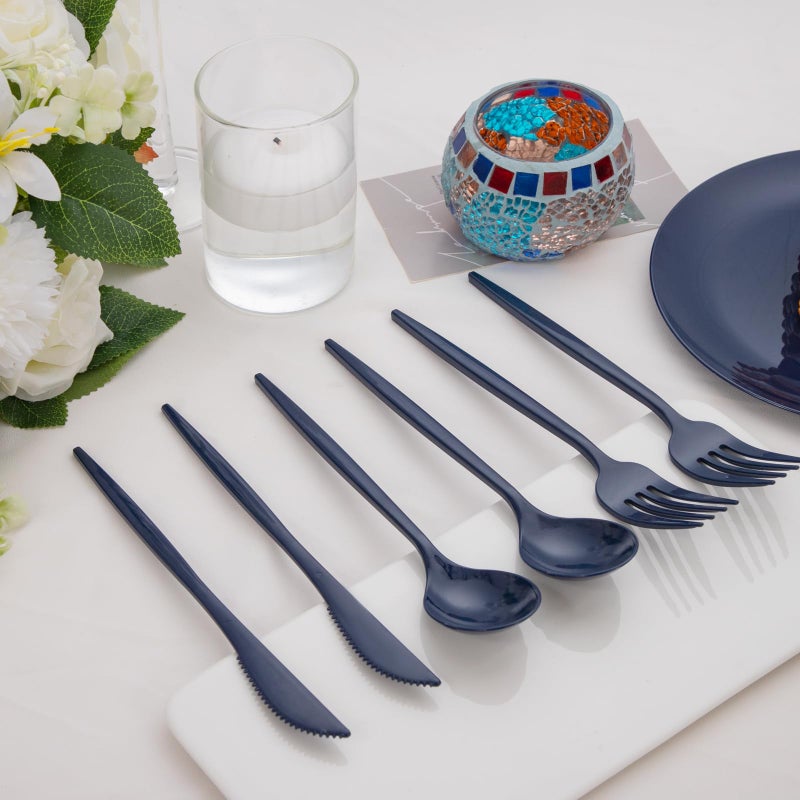 PULOTE 150PCS Blue Plastic Silverware Set - Plastic Cutlery Disposable - Heavy Duty Blue Plastic Utensils Include 50 Forks  50 Knives 50 Spoons for Party&Wedding - Image 3