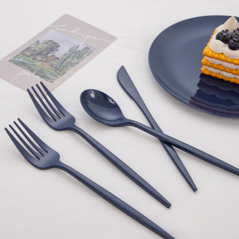 PULOTE 150PCS Blue Plastic Silverware Set - Plastic Cutlery Disposable - Heavy Duty Blue Plastic Utensils Include 50 Forks  50 Knives 50 Spoons for Party&Wedding - Image 2
