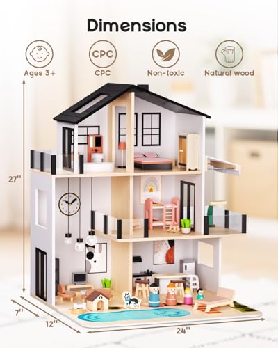 BIERUM Wooden Dollhouse Large Modern Doll House with 44Pcs Furniture Accessories Dolls Pets DIY Puzzle Pool Yard Wood Dollhouse Toy for Toddlers 3 Ideal Gift for Boys and Girls Black - Image 5