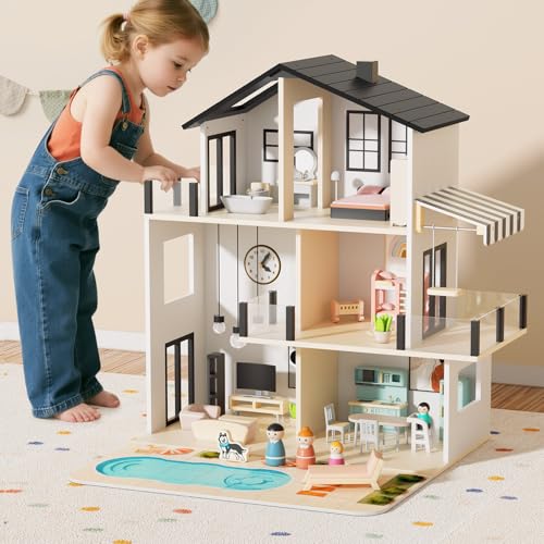 BIERUM Wooden Dollhouse Large Modern Doll House with 44Pcs Furniture Accessories Dolls Pets DIY Puzzle Pool Yard Wood Dollhouse Toy for Toddlers 3 Ideal Gift for Boys and Girls Black - Image 1