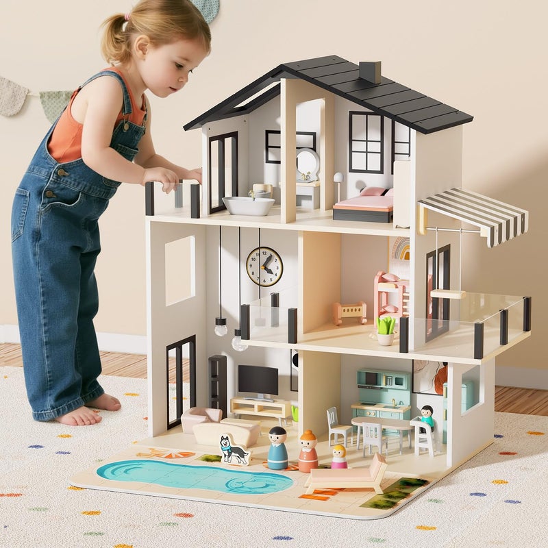 BIERUM Wooden Dollhouse Large Modern Doll House with 44Pcs Furniture Accessories Dolls Pets DIY Puzzle Pool Yard Wood Dollhouse Toy for Toddlers 3 Ideal Gift for Boys and Girls Black - Image 2