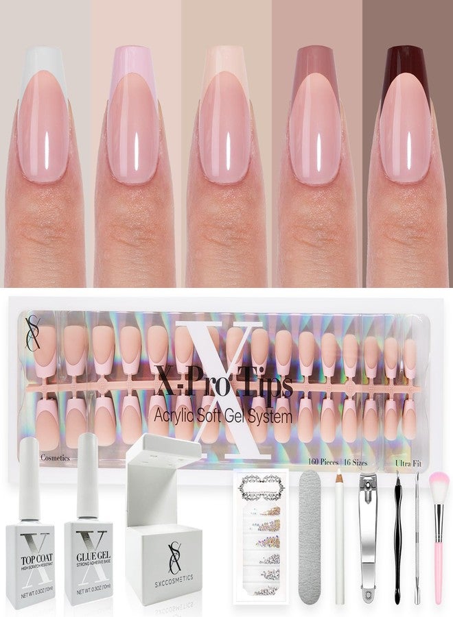 SXC Cosmetics French Tip Press On Nails - Skin Tone Nude and Color Series, Short Coffin X-Pro Tips Starter Kit ST119KIT - Image 1