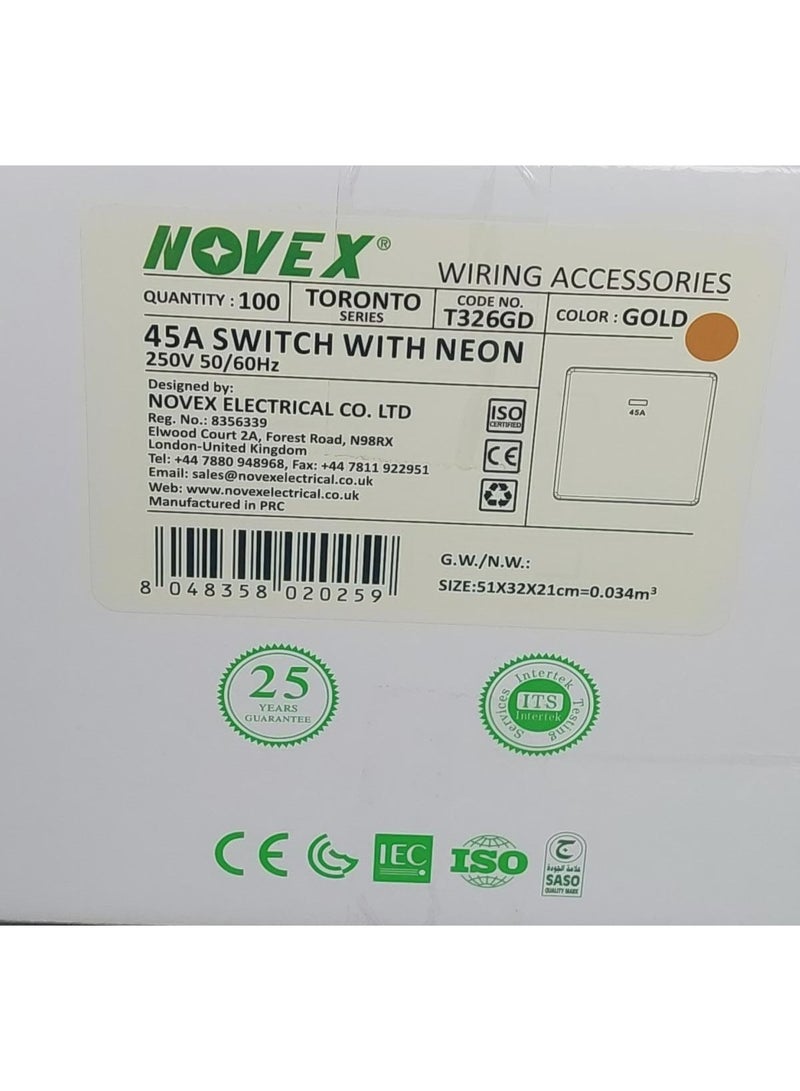 Novex T326GD 45A Switch with Neon | Gold Toronto Series | High-Quality Electrical Switch - Image 3