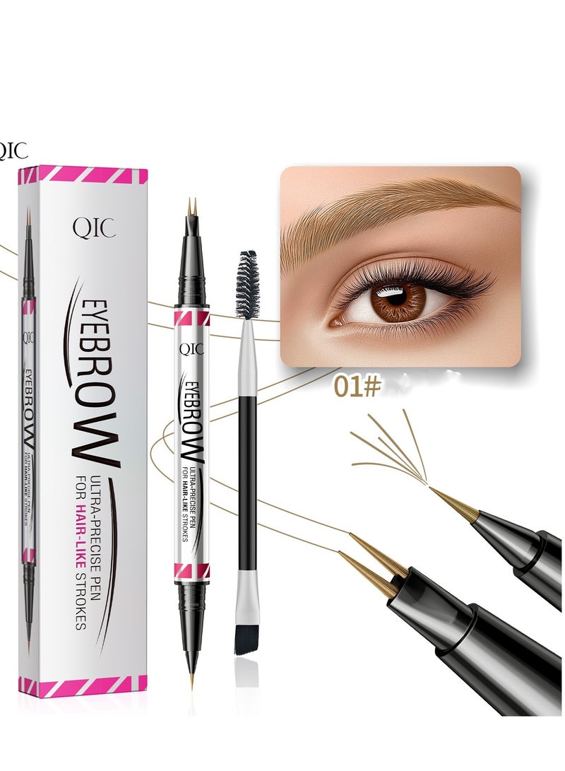 كيو اي سي قلم الحواجب ، قلم الحواجب 2 في 1 ثنائي الأطراف Microblading قلم الحواجب مع طرف شوكة دقيقة وفرشاة دقيقة تجعد حواجب طبيعية تشبه الشعر ، تدوم طوال اليوم (بني فاتح) - Image 1