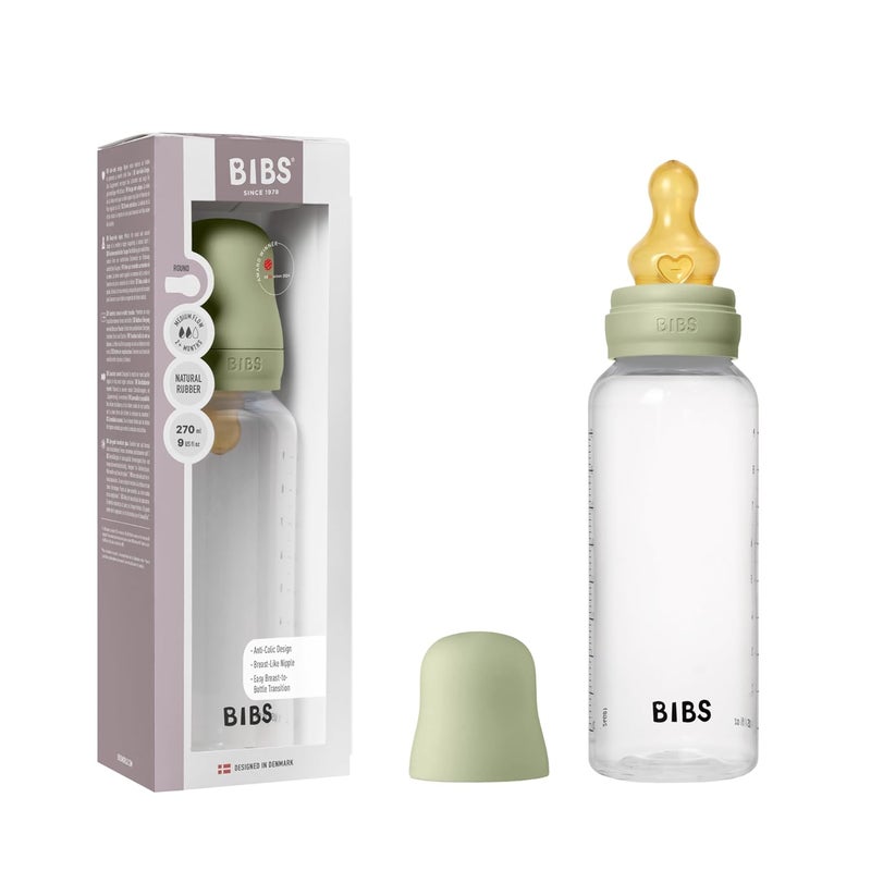 BIBS Baby Bottle 9 oz  270 ml Natural Rubber Latex Nipple  AntiColic BPAFree Round Nipple Medium Flow Lightweight  Easy to Clean Suitable for Newborns 0 Years  Sage - Image 1