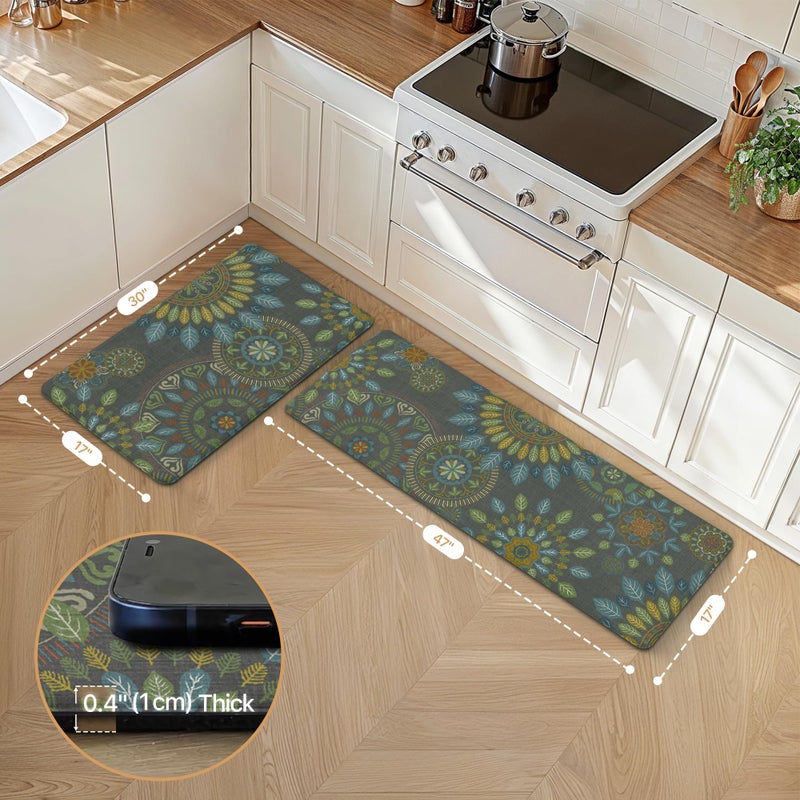 GENIMO Kitchen Mats for Floor 2PCS, Cushioned Kitchen Rugs Non Slip Washable, Farmhouse Anti Fatigue Mat Waterproof, Comfort Standing Mat Rug for Office, Home, Laundry, 17.3"x47"+17.3"x30", Green - Image 2