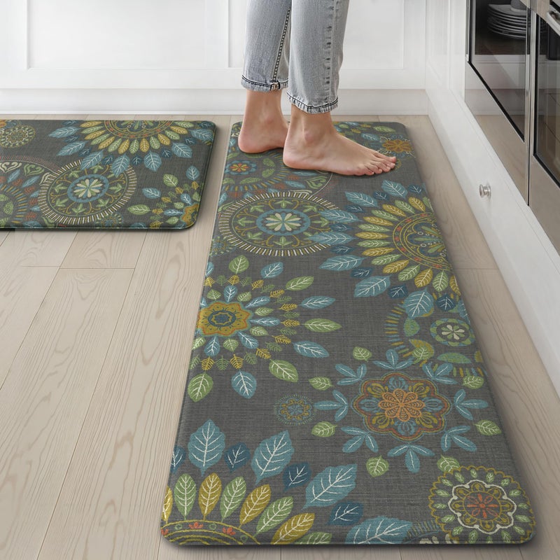 GENIMO Kitchen Mats for Floor 2PCS, Cushioned Kitchen Rugs Non Slip Washable, Farmhouse Anti Fatigue Mat Waterproof, Comfort Standing Mat Rug for Office, Home, Laundry, 17.3"x47"+17.3"x30", Green - Image 1