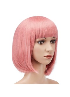 AGPtek AGPTEK 13 Inches Straight Heat Resistant Short Bob Hair Wigs with Flat Bangs for Women Cosplay Daily Party  Pink 