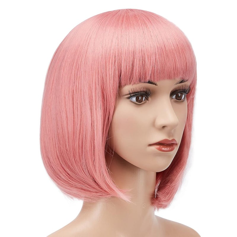 AGPTEK 13 Inches Straight Heat Resistant Short Bob Hair Wigs with Flat Bangs for Women Cosplay Daily Party  Pink
