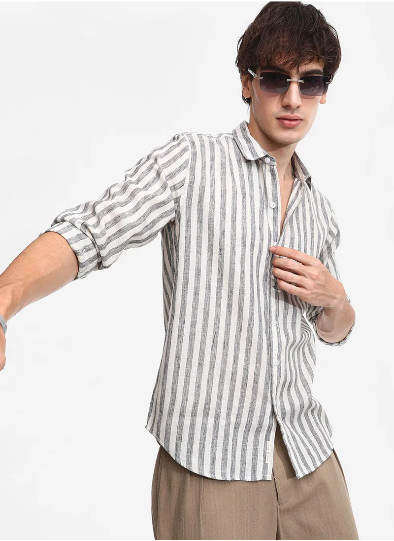 كامبوس سوترا Men's Charcoal Grey Heathered-Stripe Shirt