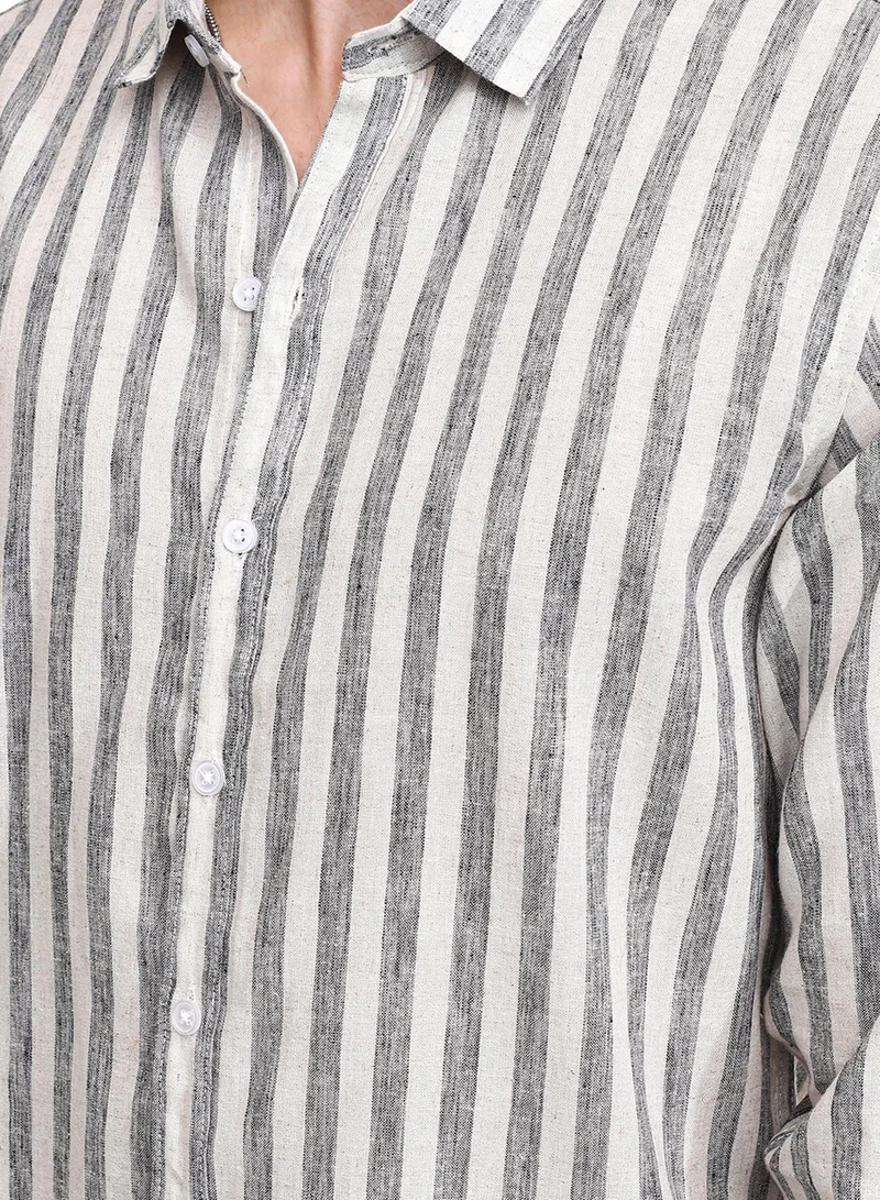 Campus Sutra Men's Charcoal Grey Heathered-Stripe Shirt