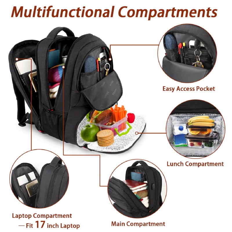 MATEIN Lunch Backpack for Men, 17 Inch Insulated Cooler Backpack Lunch Box with USB Charging Port, Water Resistant Laptop Back Pack Computer Meal Prep Backpacks Mens Gifts Work Picnic College Travel - Image 3