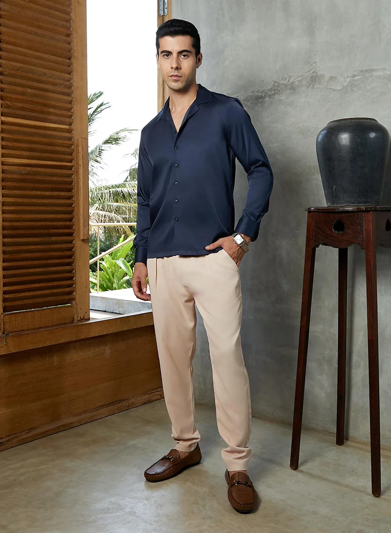Campus Sutra Campus Sutra Men's Prussian Blue Solid Cuban Shirt For Casual Wear | Cuban Collar | Long Cuffed Sleeves | Button Closure | Shirt Crafted With Comfort Fit For Everyday Wear
